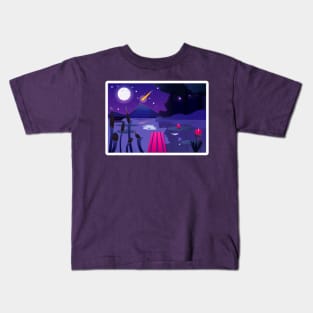 Night Lake Aesthetic Moon Comet Lotus Kids T-Shirt